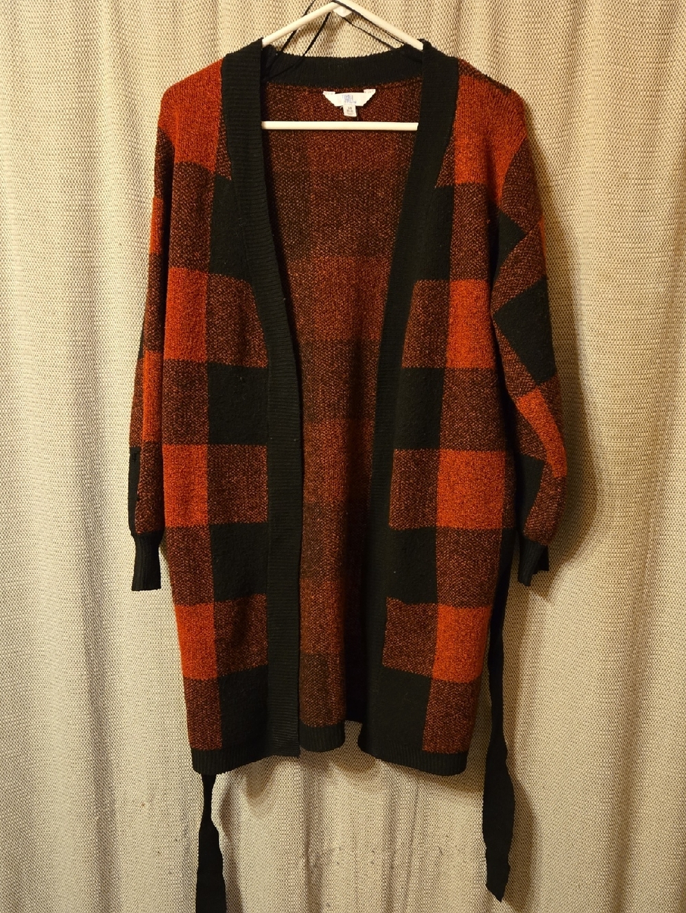 Time and Tru Black and Rust Plaid Open Cardigan